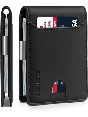 〽️Man Bicolor Black Leather Money Clip RFID Blocking Pocket Bifold Credit Card W